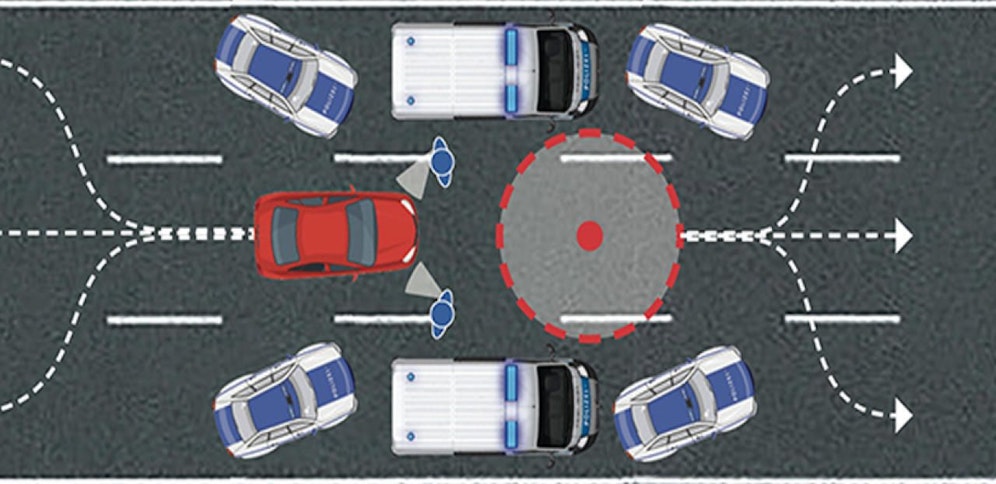 1.) Zunächst werden alle Fahrzeuge auf die mittlere Spur "eingetrichtert". 2.) Dann erfolgt die Kontrolle im "Checkpoint". 3.) In den beigestellten Polizeibussen warten Schnellrichter und Amtsärzte auf ihren Einsatz.