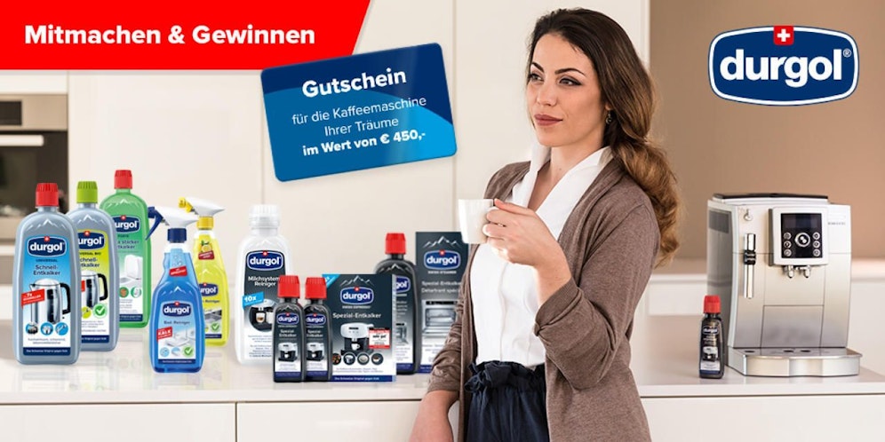 Jetzt teilnehmen & gewinnen: durgol & "Heute.at" verlosen als Hauptpreis am 19. August eine Kaffeemaschine sowie 1 x durgol Entkalkungsset.
