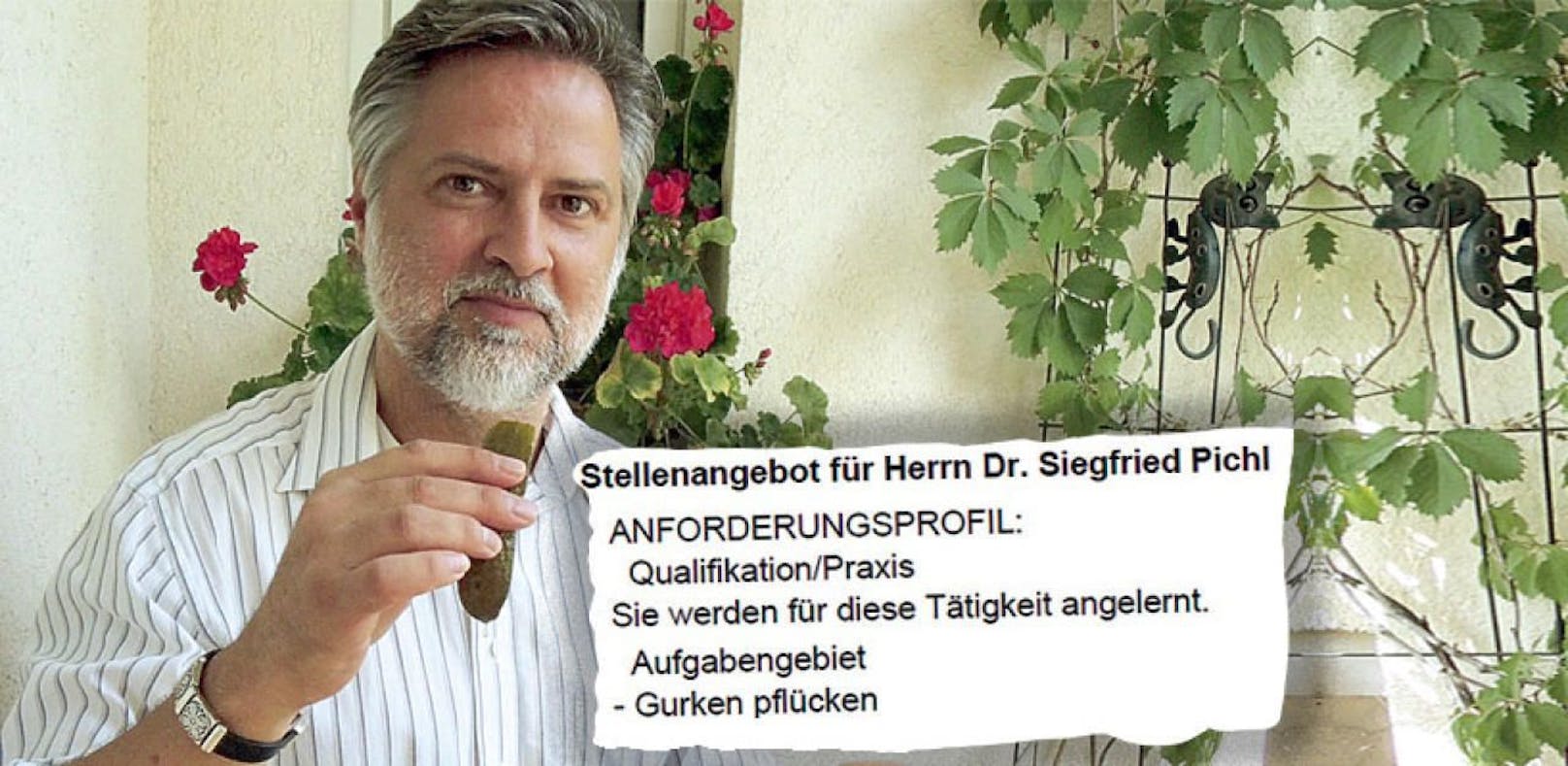 Siegfried Pichl mit Gurke. Der promovierte Historiker soll jetzt Gemüse ernten.