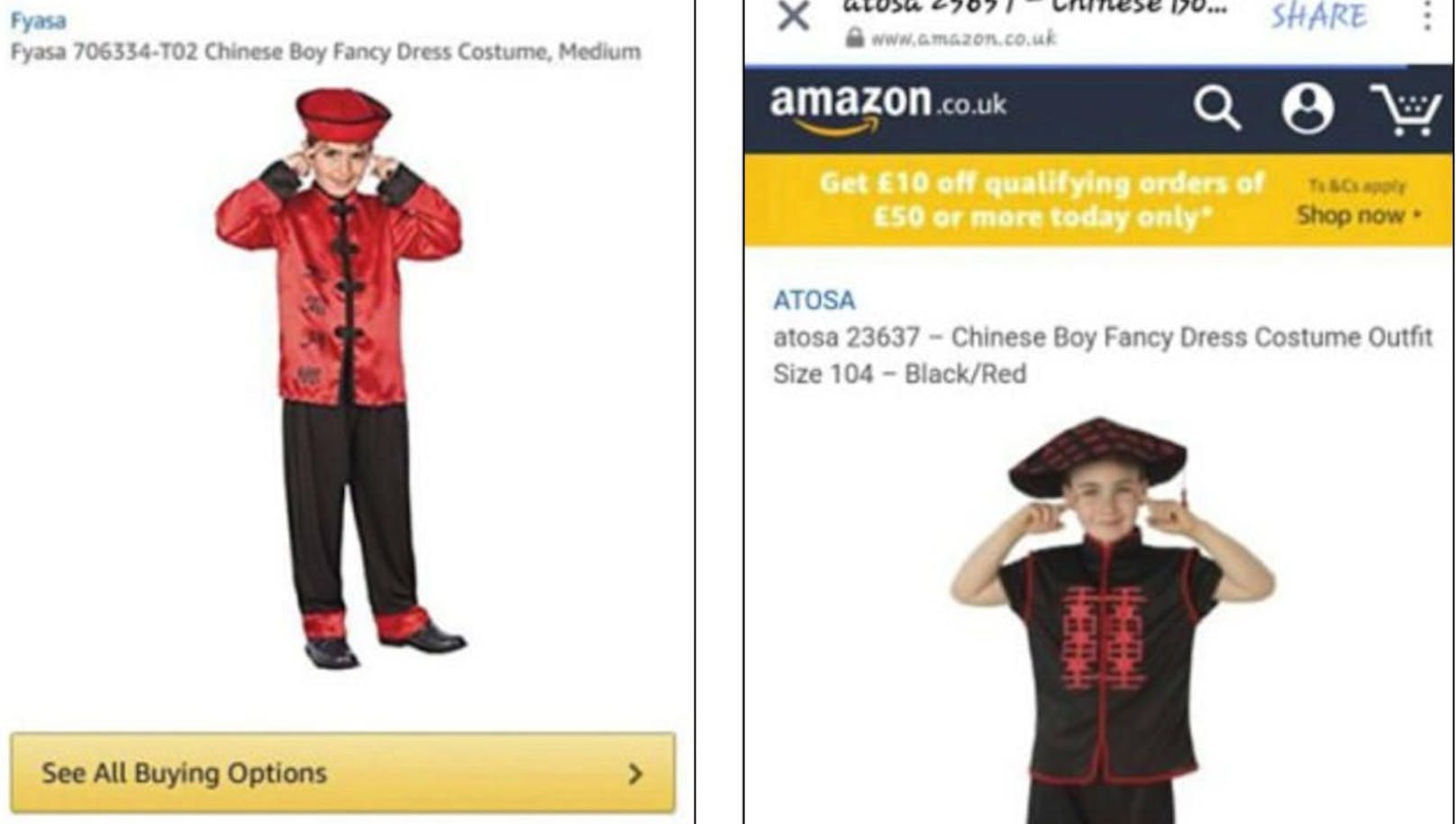 Amazon bot die beiden China-Kostüme um knapp 25 Euro im Netz an. Doch weil die Kinder-Models Schlitzaugen zogen, könnte die Werbung dem Versandgiganten teuer zu stehen kommen. 