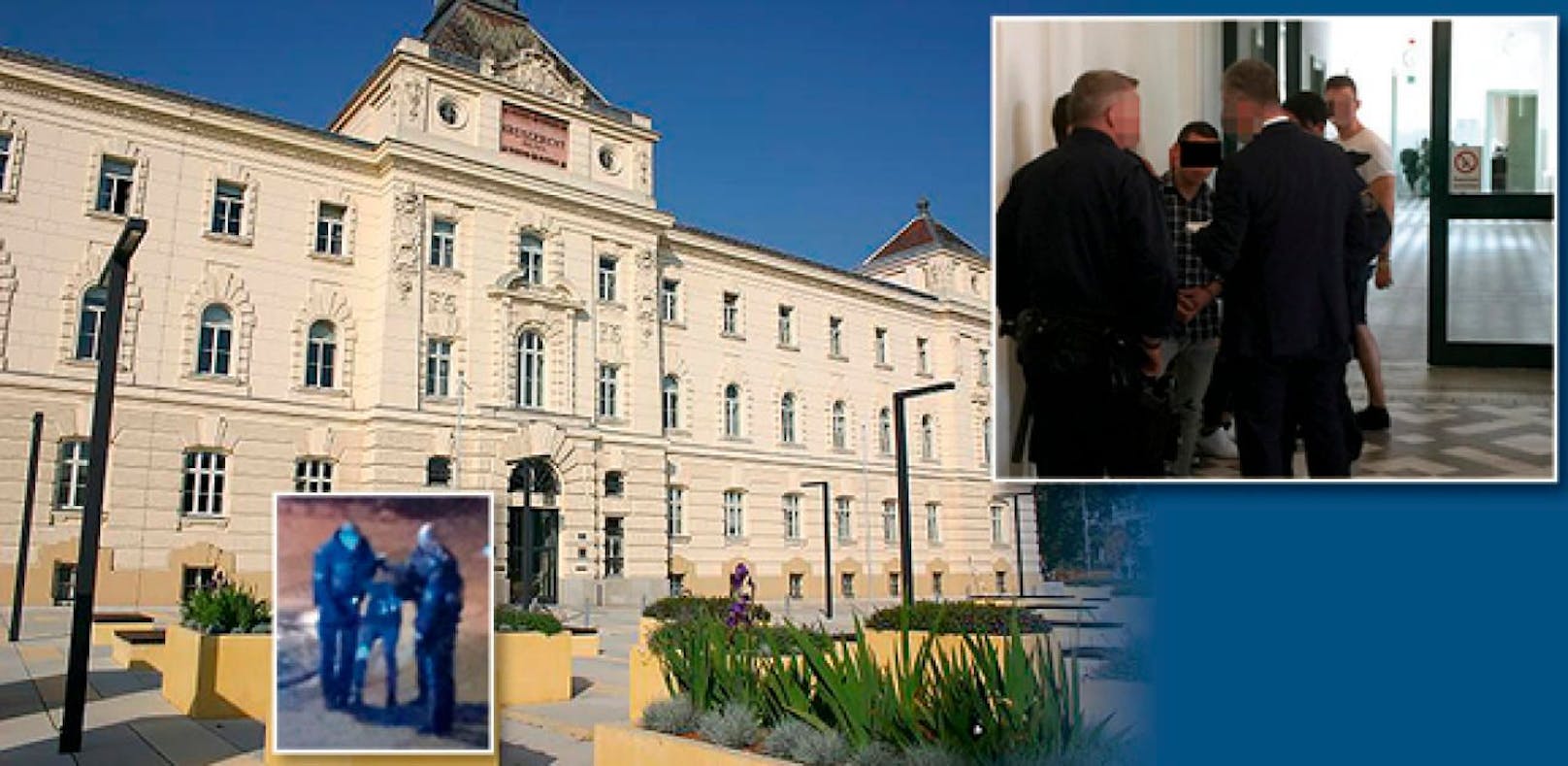 Kl. Bild li.: Verhaftung; re.: 18-Jähriger vor Gericht in St. Pölten