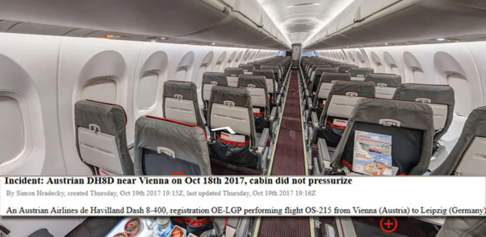 In einer solchen Turboprop-Kabine kam es zum Druckabfall (unten der Schadensbericht des Flugportals avherald.com)