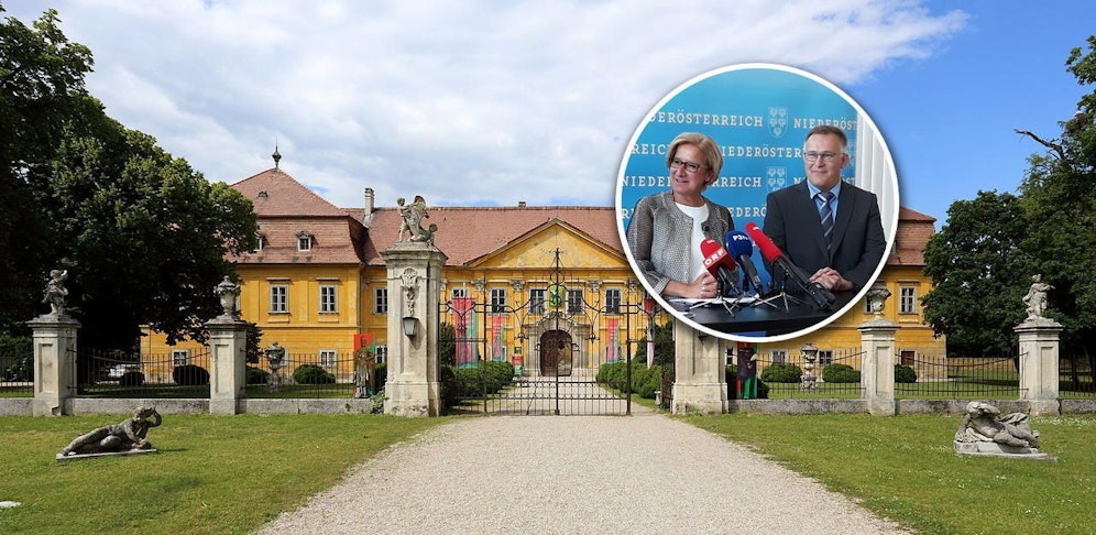 Mikl-Leitner und Marcheggs Bürgermeister Gernot Haupt im kleinen Foto, das Schloss im großen.