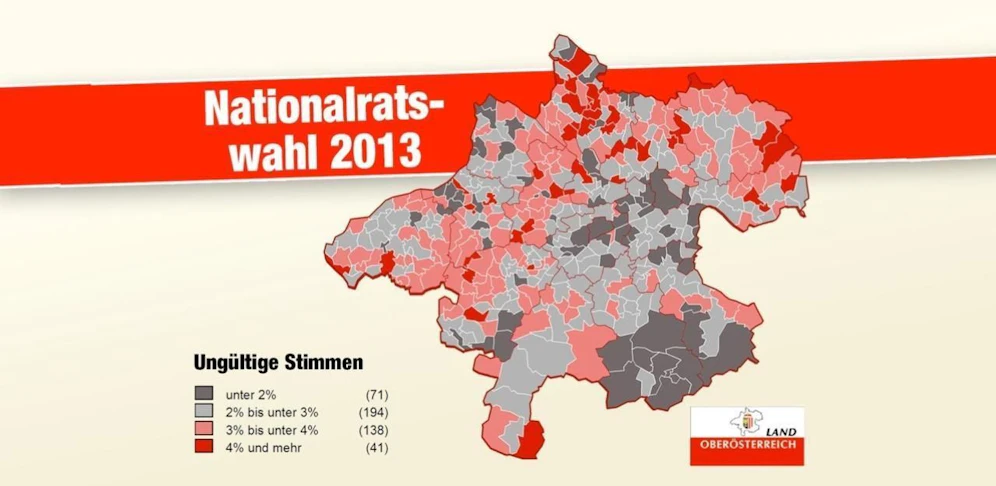 Die Karte zeigt, wo der Anteil der ungültigen Stimmen bei der Nationalratswahl 2013 in Oberösterreich hoch oder niedrig war.