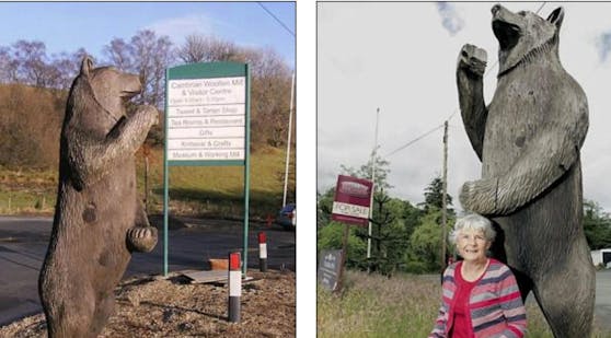 Echtes Tier? Eine Lenkerin hielt den Holzbären in Wales für eine Bedrohung und baute einen Unfall. Anwohnerin Ruth Stickland will die Skulptur retten.