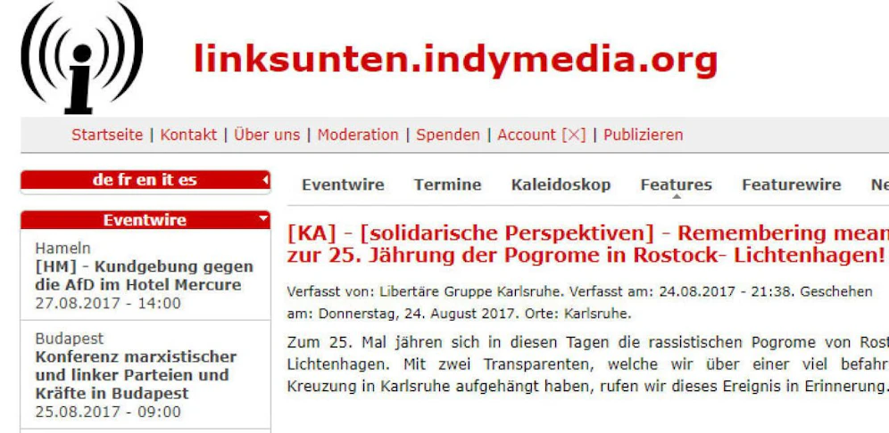 Die linskextreme Website "linksunten,indymedia.org" kurz vor der Löschung.