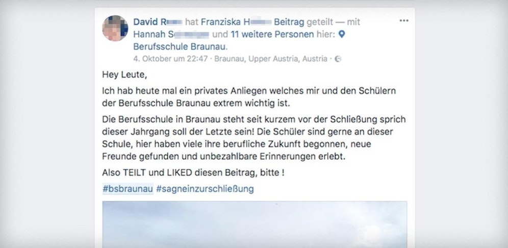 Nur eines der Facebook-Postings: So kämpfen die Schüler in Braunau um den Erhalt der dortigen Berufsschule!