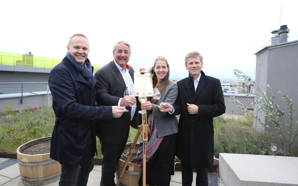 Pflanzfest für den 1. Wiener Dach-Wein in der Seestadt Aspern (v.li.: Winzer Rainer Christ, Bezirkschef Ernst Nevrivy, eine Weinkönigin Elisabeth Wolff und Sozialbau-Generaldirektor Josef Ostermayer)