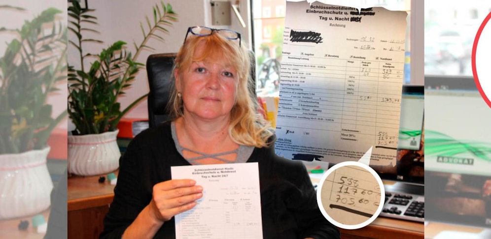 Rechtsanwältin Beate Brandt mit der völlig überteuerten Rechnung des Schlüsseldienstes.