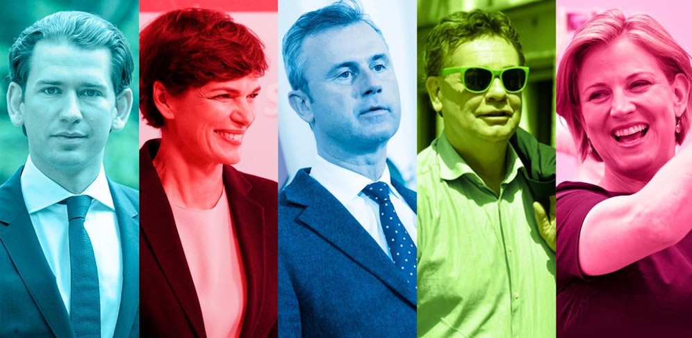 Sebastian Kurz, Pamela Rendi-Wagner, Norbert Hofer, Werner Kogler, Beate Meinl-Reisinger.