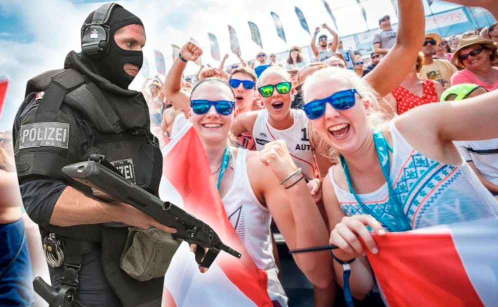 350 Polizisten - darunter auch von der Spezialeinheit WEGA - schützen die Beachvolleyball-Fans.