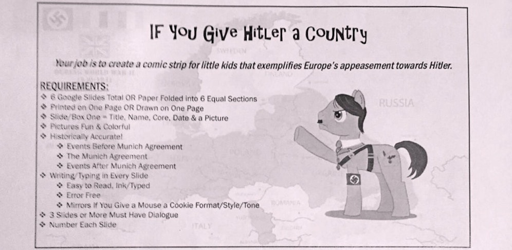 "Wenn du Hitler ein Land überlässt", lautet der Titel der bizarren Hausübung.