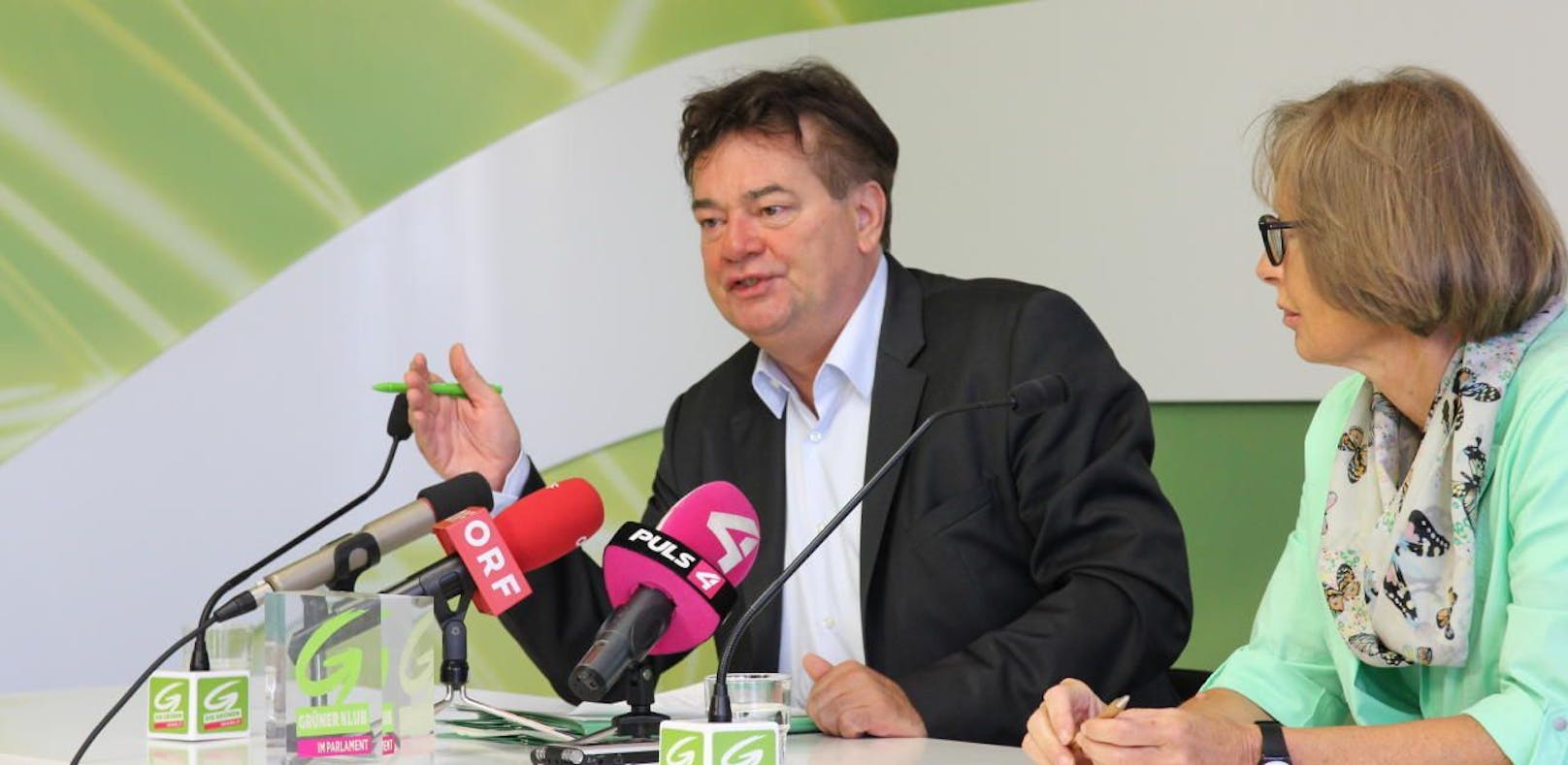 Werner Kogler und Gabriella Moser bei der Pressekonferenz der Grünen am 05.09.2017