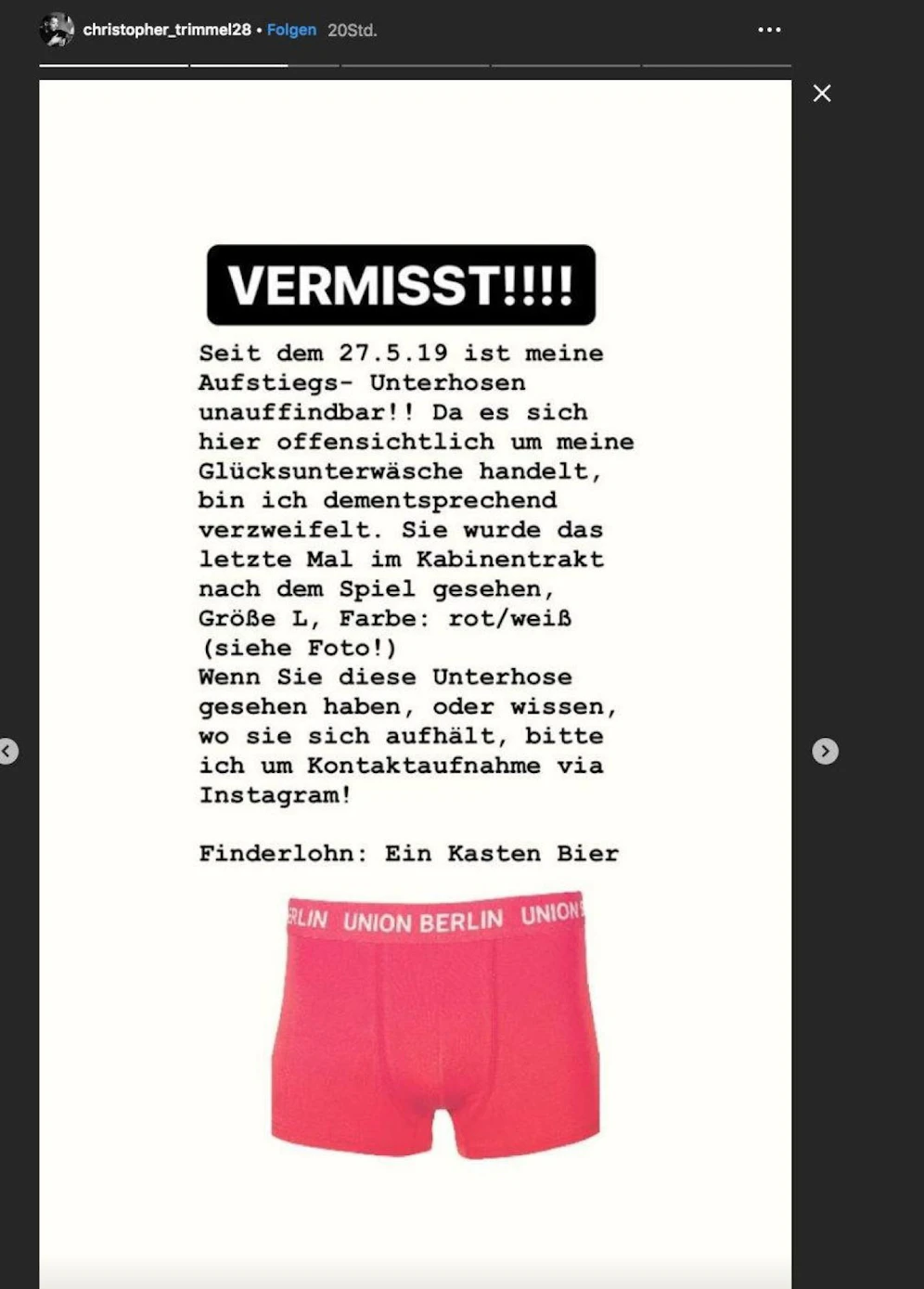 Die Instram-Verlustanzeige von Christopher Trimmel