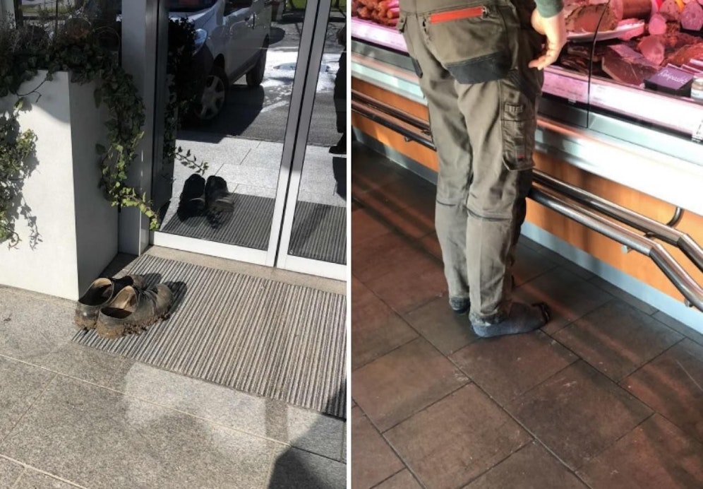 Die ganz feine Art: Mann zog sich dreckige Schuhe vor dem Geschäft aus. 