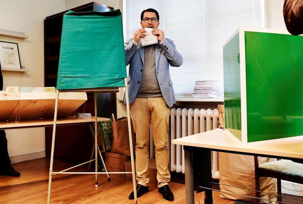 Jimmie Akesson, der Parteichef der Schwedendemokraten, bei seiner Stimmabgabe in Stockholm am 9. September 2018.