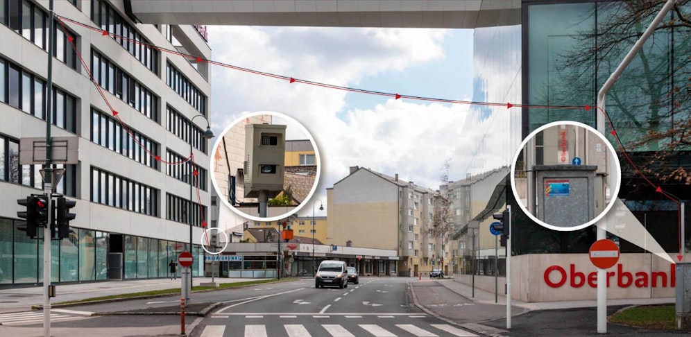 Die Überkopf-Verkabelung (geht rechts vom Verteilerkasten über die Straße bis zur Radarbox) sorgt bei vielen für Kopfschütteln.