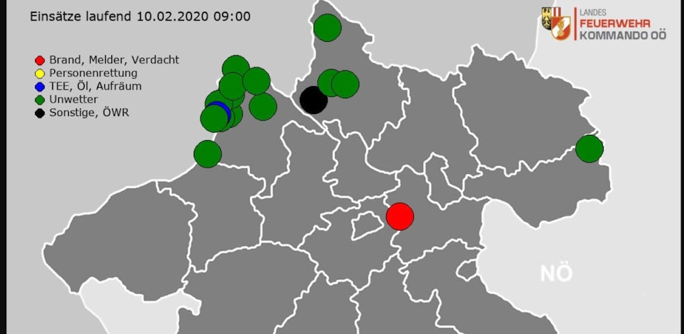 Um 8.29 Uhr gab es im Innviertel den ersten Feuerwehreinsatz. (Foto: LFK, Stand 9.05 Uhr)