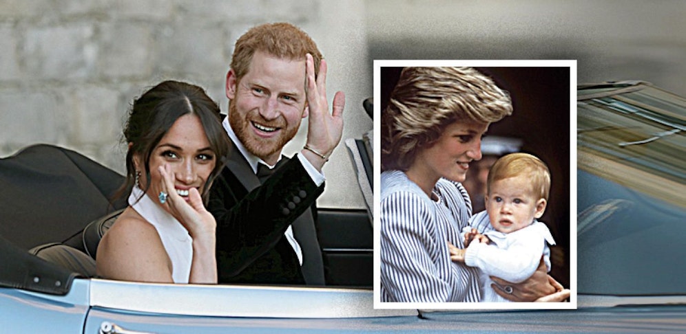 Braut Meghan trug Dianas Ring (li.). Rechts: Harry mit seiner Mutter ( 1997)
