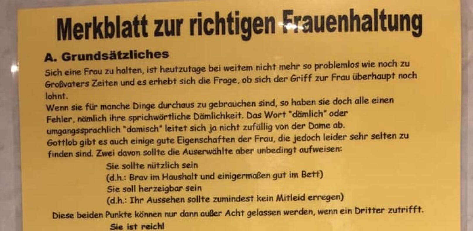 Dieses frauenverachtende &quot;Merkblatt zur richtigen Frauenhaltung&quot; findet sich auf dem Männerklo eines Salzburger Lokals.
