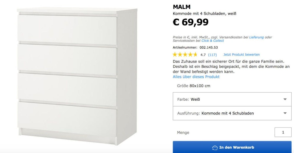 Obwohl zahlreiche Kinder starben, wird die IKEA-Kommode "Malm" immer noch verkauft. Jetzt allerdings mit kostenloser Verankerung für die Wand ...