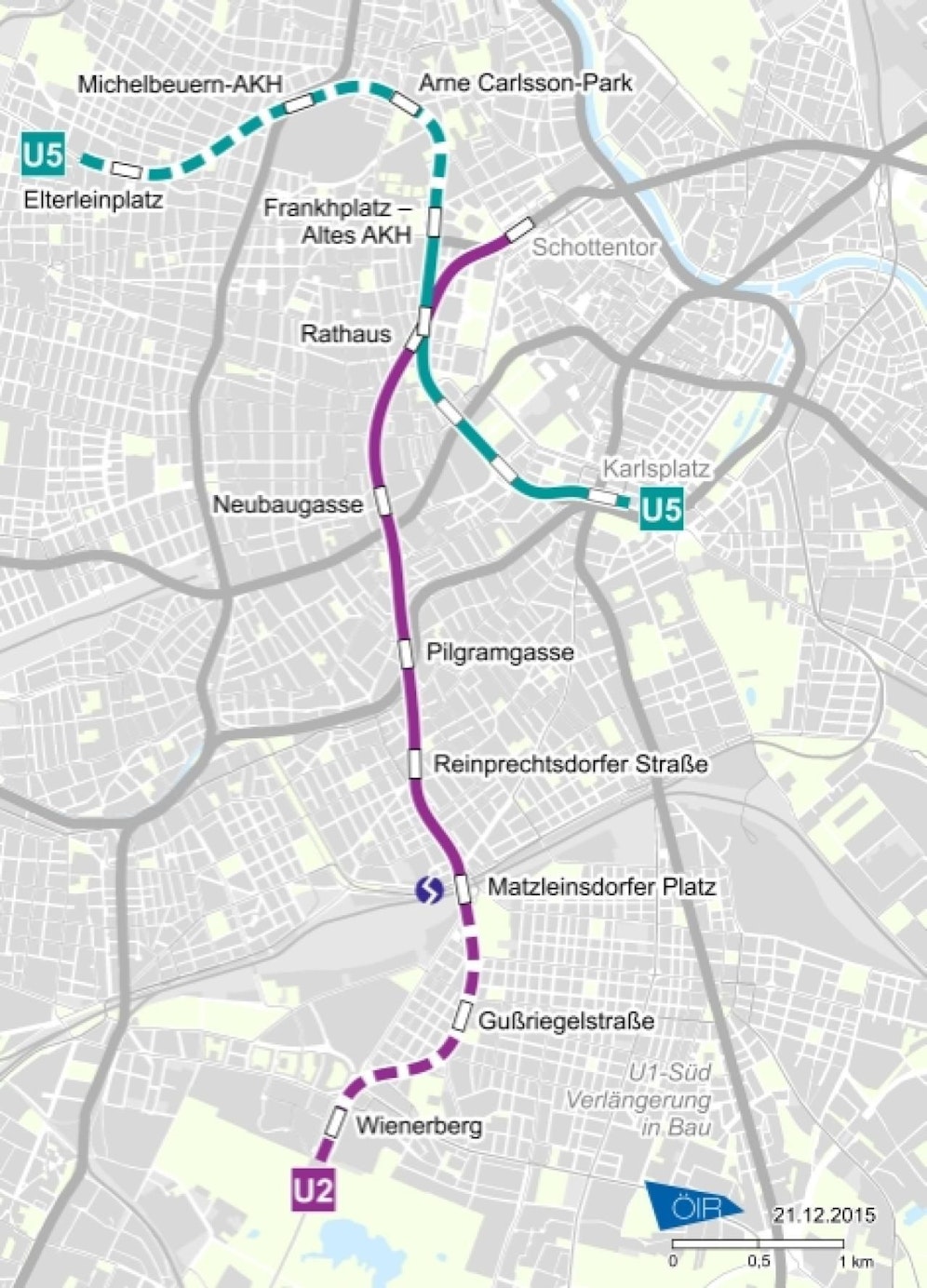 Grafik zum Ausbau des U-Bahn-Netzes mit U2 Richtung Matzleinsdorfer bzw. Wienerberg und U5 zum Frankhplatz/Altes AKH bzw. Elterleinplatz.