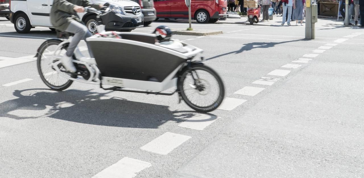 Der Mann mit dem Lastenrad dürfte sich durch die Polizeiautos behindert gefühlt haben.&nbsp;