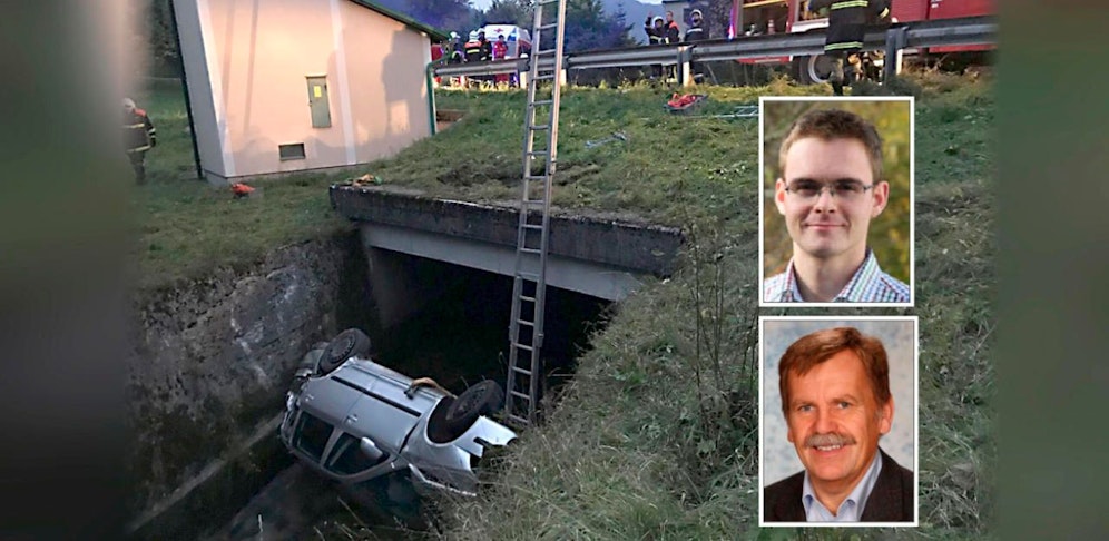 Michael Buber (o.) starb im Wrack, Bürgermeister M. Ploderer (u.) ist fassungslos