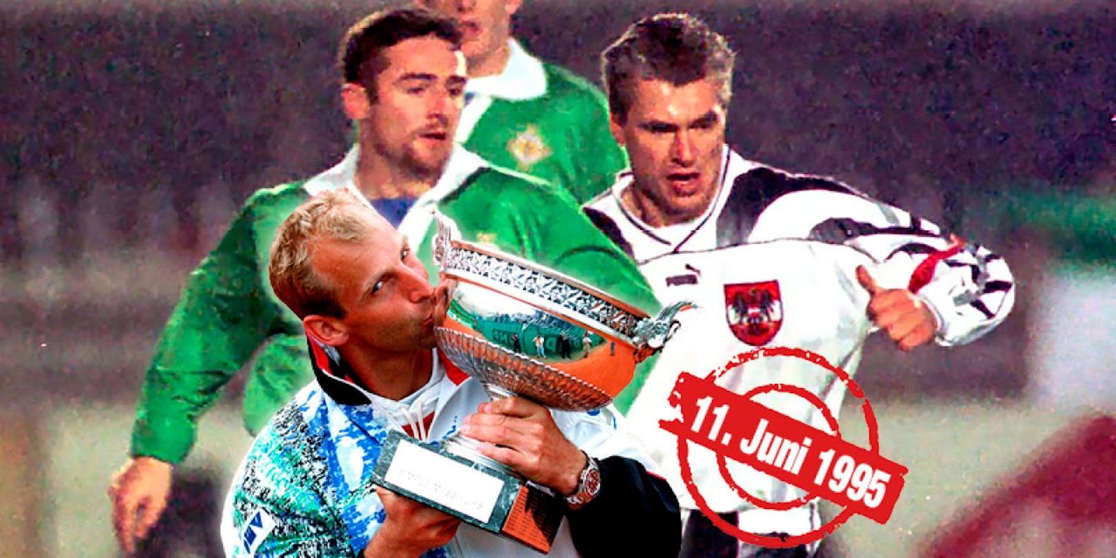 Am 11. Juni 1995 jubelten Thomas Muster bei den French Open und das österreichische Nationalteam beim Sieg in Irland.