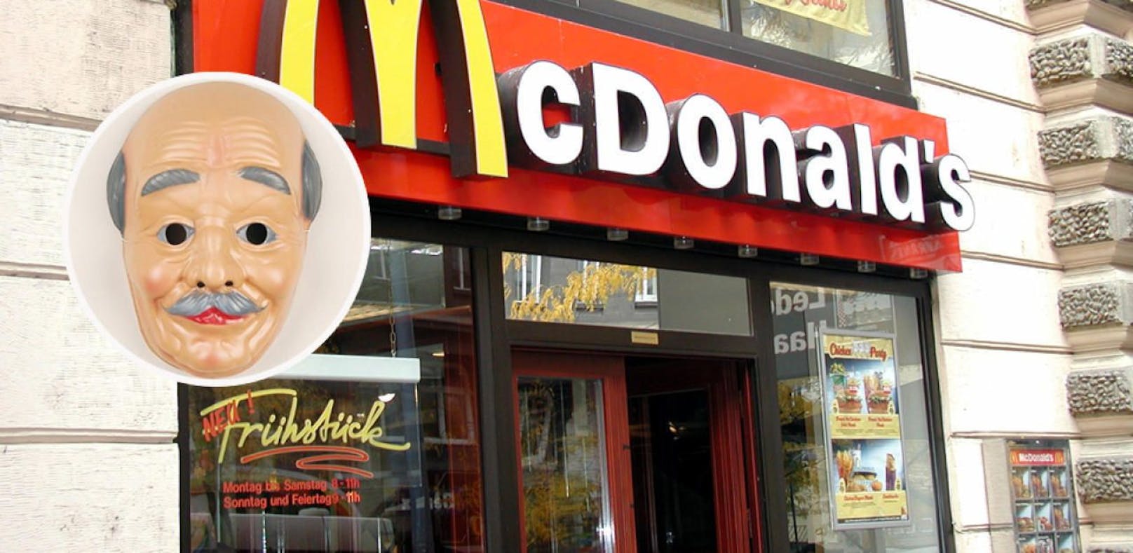 Ein mit einer &quot;Alter Mann&quot;-Maske verkleideter Dieb raubte eine McDonald's-Filiale in Simmering aus. (Maske: Symbolfoto)