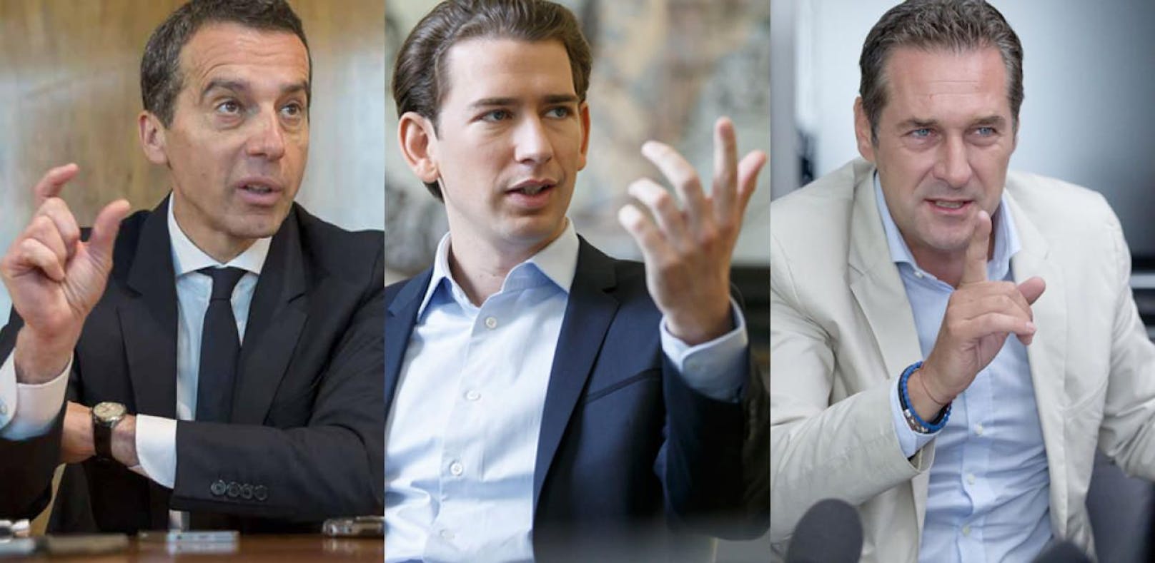 Die Parteichefs Christian Kern, Sebastian Kurz und Heinz-Christian Strache.