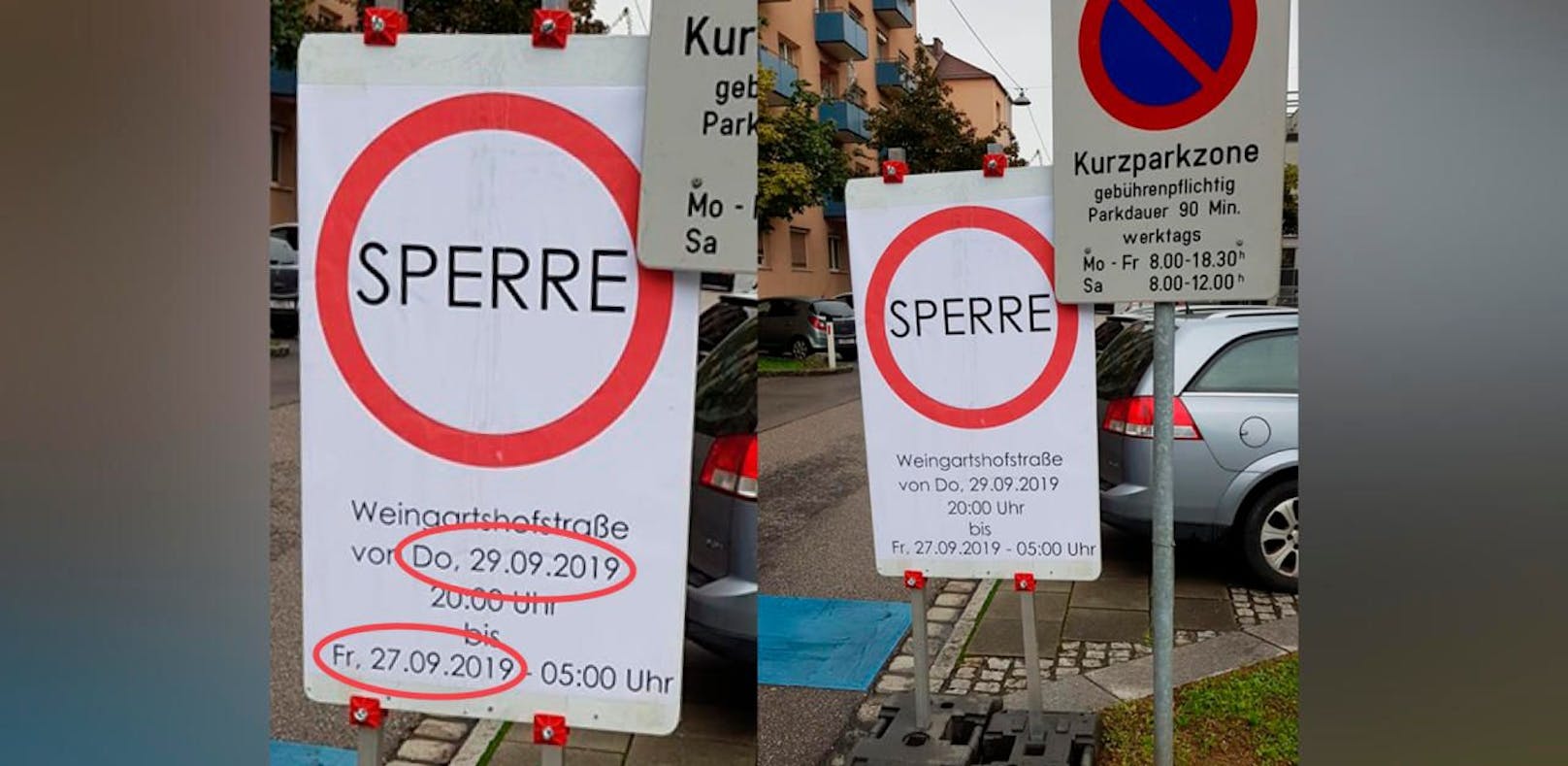 Laut diesem Schild ist die Weingartshofstraße von 29.9 bis zwei Tage zurück am 27.9. gesperrt.