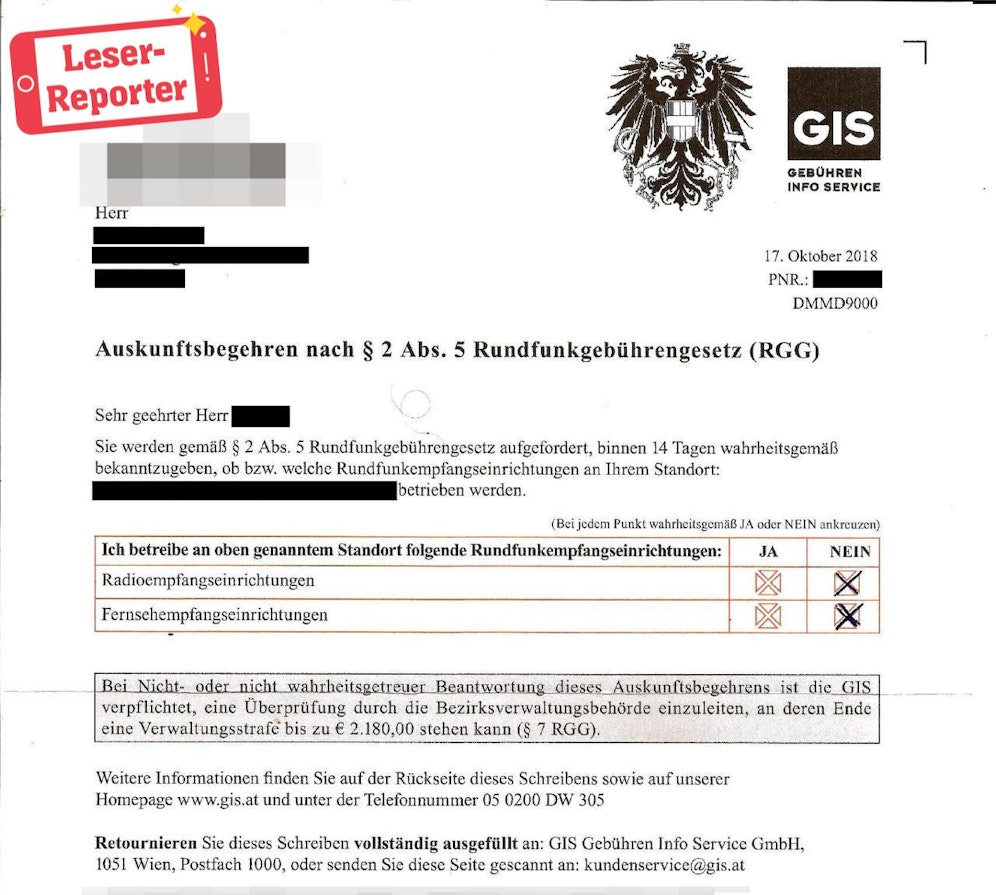 "Das ist Terror am Bürger", so der 60-jährige Wiener, der am heutigen Freitag ein GIS-Schreiben erhielt. 