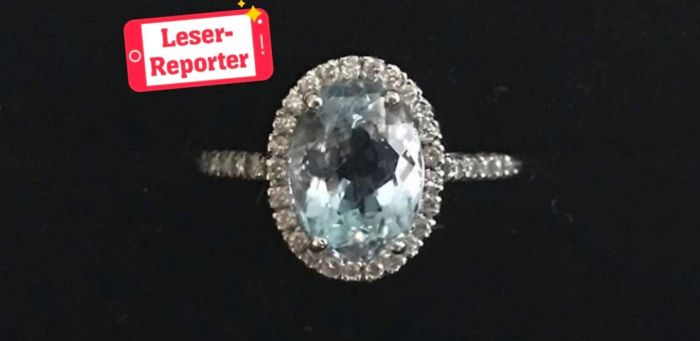 Für Hinweise auf diesen Ring (Aquamarin mit Diamanten) oder den Unbekannten, der ihn gestohlen hat, werden 200 Euro Belohnung ausgelobt.