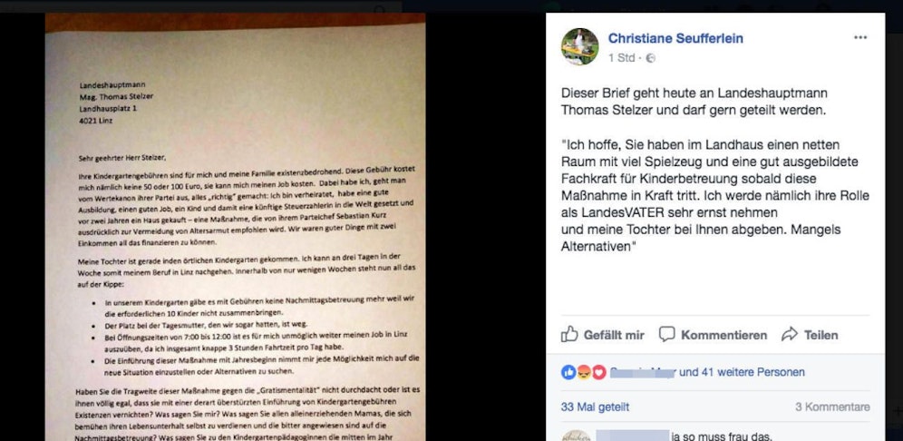 Eine Mutter will ihr Kind bei LH Thomas Stelzer zur Betreuung "abgeben". Diesen Brief schickte sie am Mittwoch ins Landhaus.
