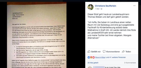 Eine Mutter will ihr Kind bei LH Thomas Stelzer zur Betreuung "abgeben". Diesen Brief schickte sie am Mittwoch ins Landhaus.