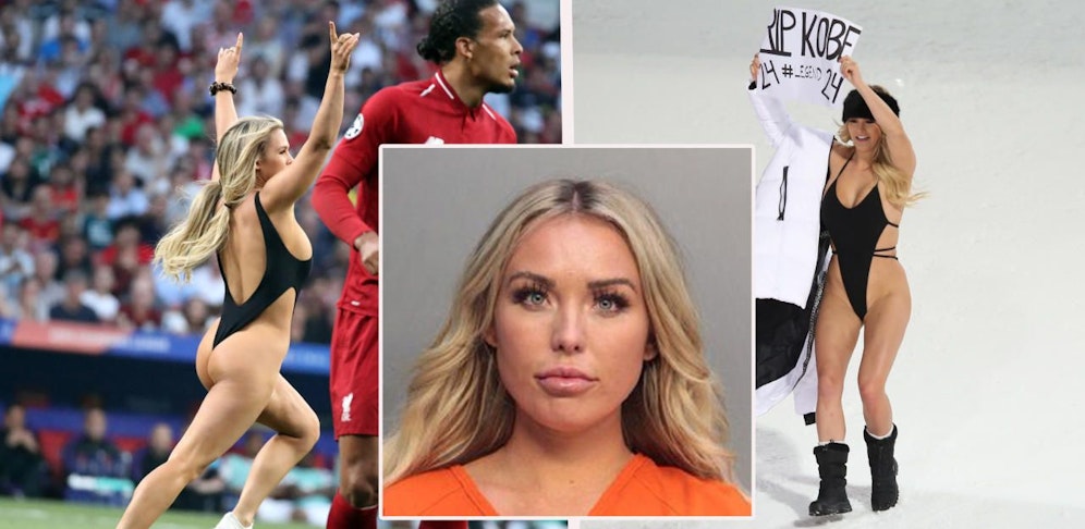 Im Hintergrund Kinsey Wolanski bei ihren Stunts in der Champions League und beim Schladming-Nachtslalom. Im Vordergrund der Mugshot von Kelly Green nach der Festnahme beim Super Bowl.