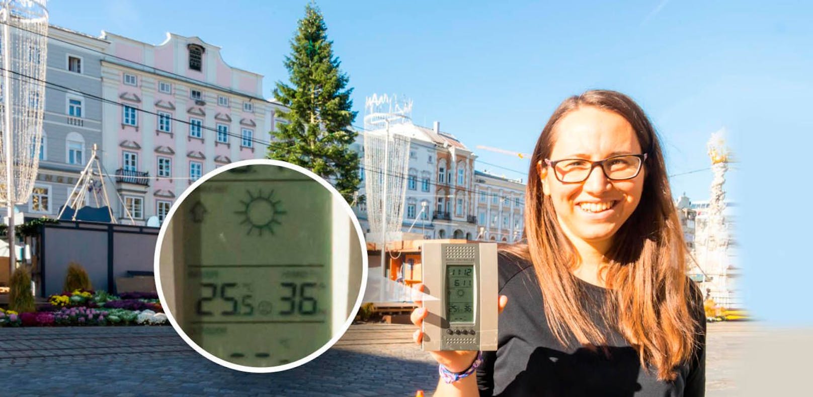 &quot;Heute&quot;-Reporterin Claudia Ruzmarinovic war mit einem digitalen Thermometer am Hauptplatz. Ergebnis der Messung Dienstagmittag: 25,5 Grad!