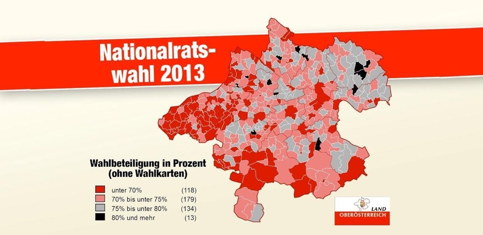 Die Karte zeigt, wie hoch der Nichtwähler-Anteil in den einzelnen oö. Gemeinden bei der Nationalratswahl 2013 war.