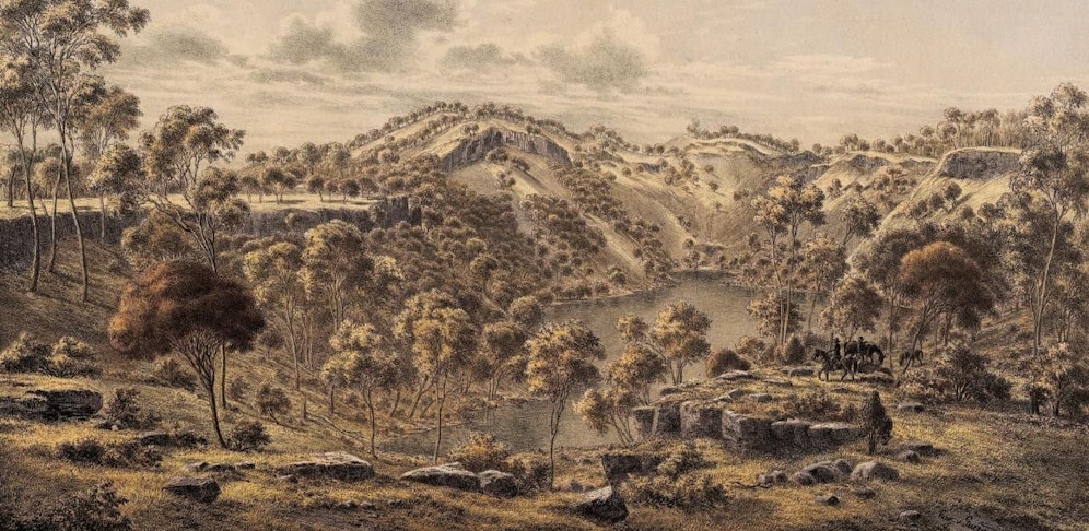 Der Krater des Budj Bim. Illustration aus den 1860er-Jahren