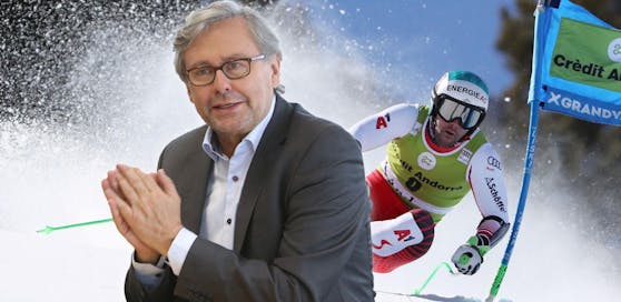 Alexander Wrabetz über die Ski-Rechte. Im Hintergrund Vincent Kriechmayr bei einer Ski-Rechtskurve.