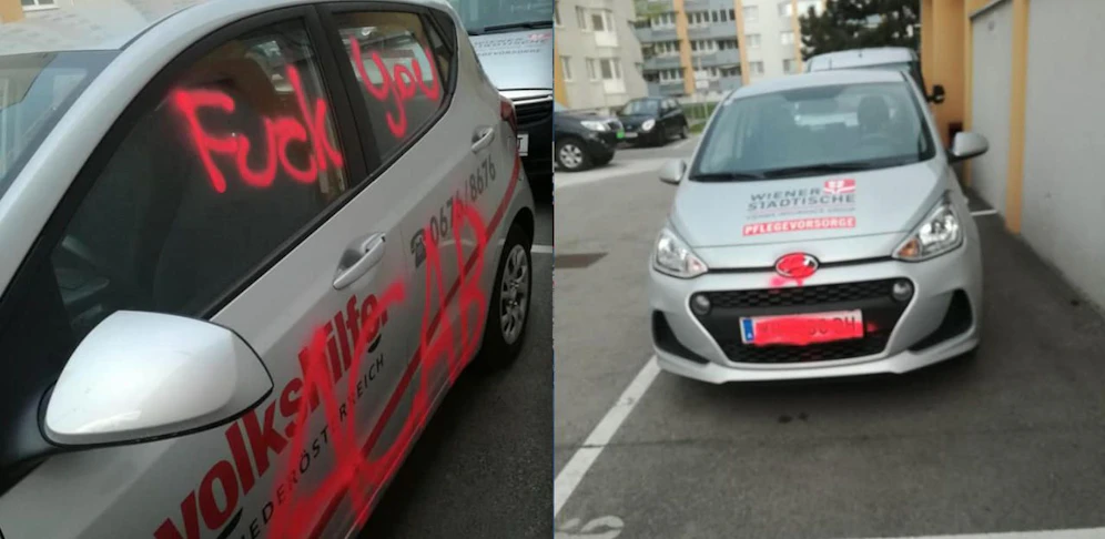 Vandalen in Schwechat: Besonders schlimm erwischte es ein Fahrzeug der Volkshilfe.