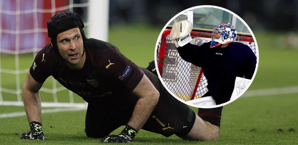 Petr Cech, links noch beim Europa-League-Finale für den FC Arsenal im Tor, rechts als Eishockey-Keeper.