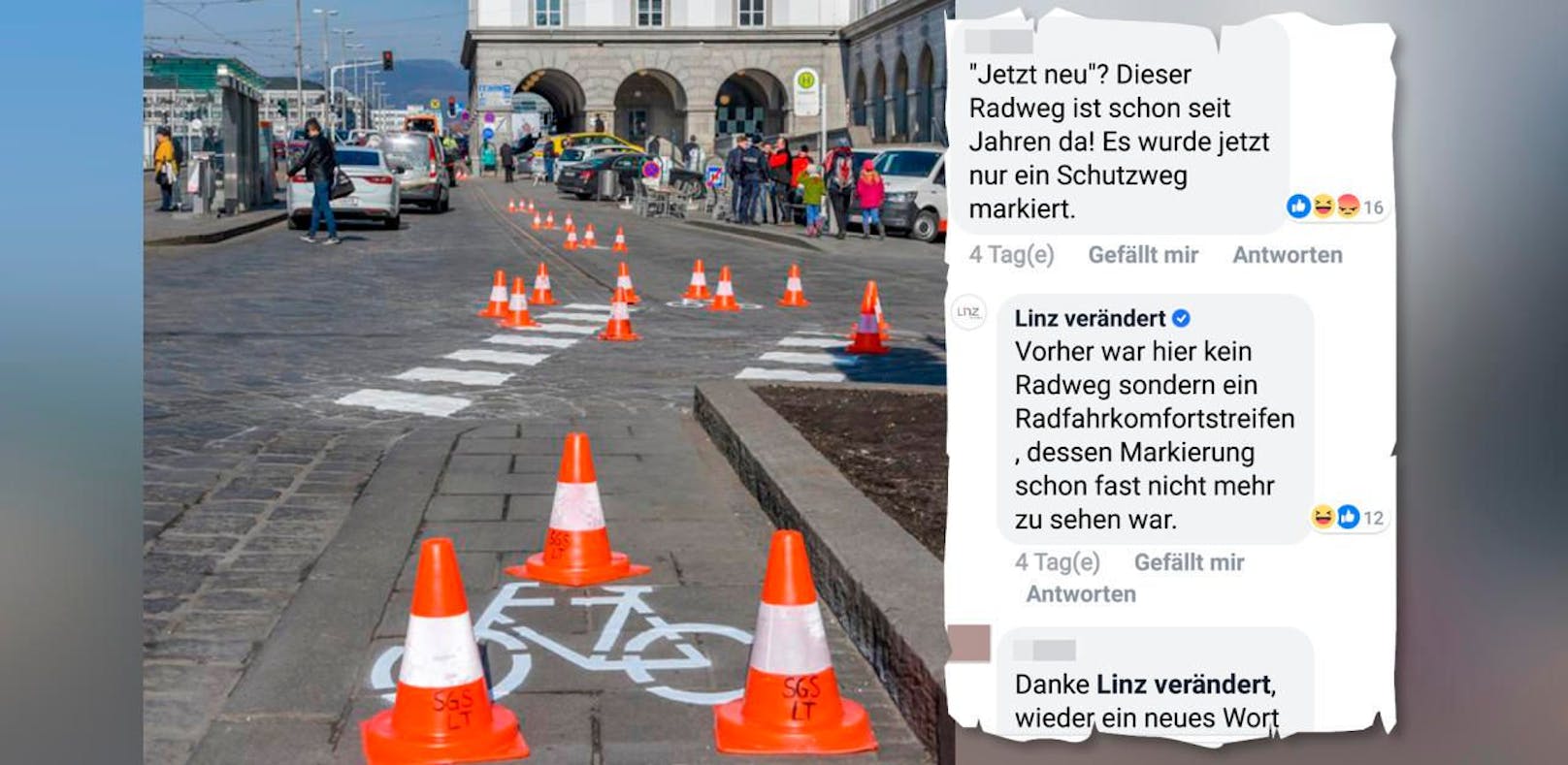Der &quot;neue&quot; Radfahrkomfortstreifen am Linzer Hauptplatz sorgt für viele Lacher im Netz.