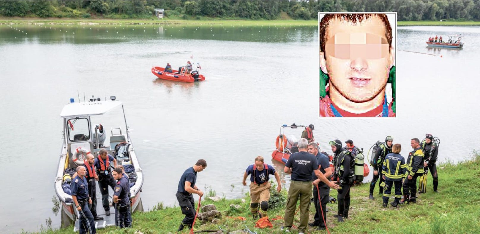 Feuerwehrtaucher suchten in der Donau bei Ottensheim nach Dzmitry R. (33). Sie konnten ihn nur mehr tot aus dem Wasser bergen.  