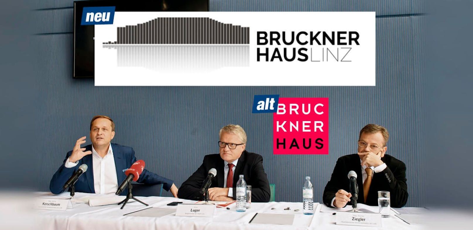 Dietmar Kerschbaum, Stadtchef Klaus Luger und Thomas Ziegler (v.li.) bei der Präsentation des neuen Logos. Zum Vergleich das alte daneben.