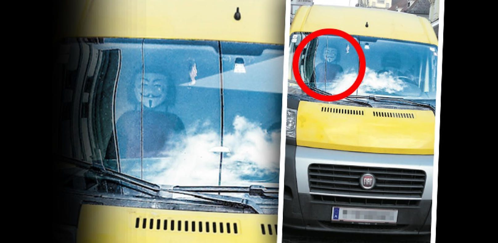Diese Anonymous-Maske in einem Postauto sorgte in Linz für erstaunte Blicke.