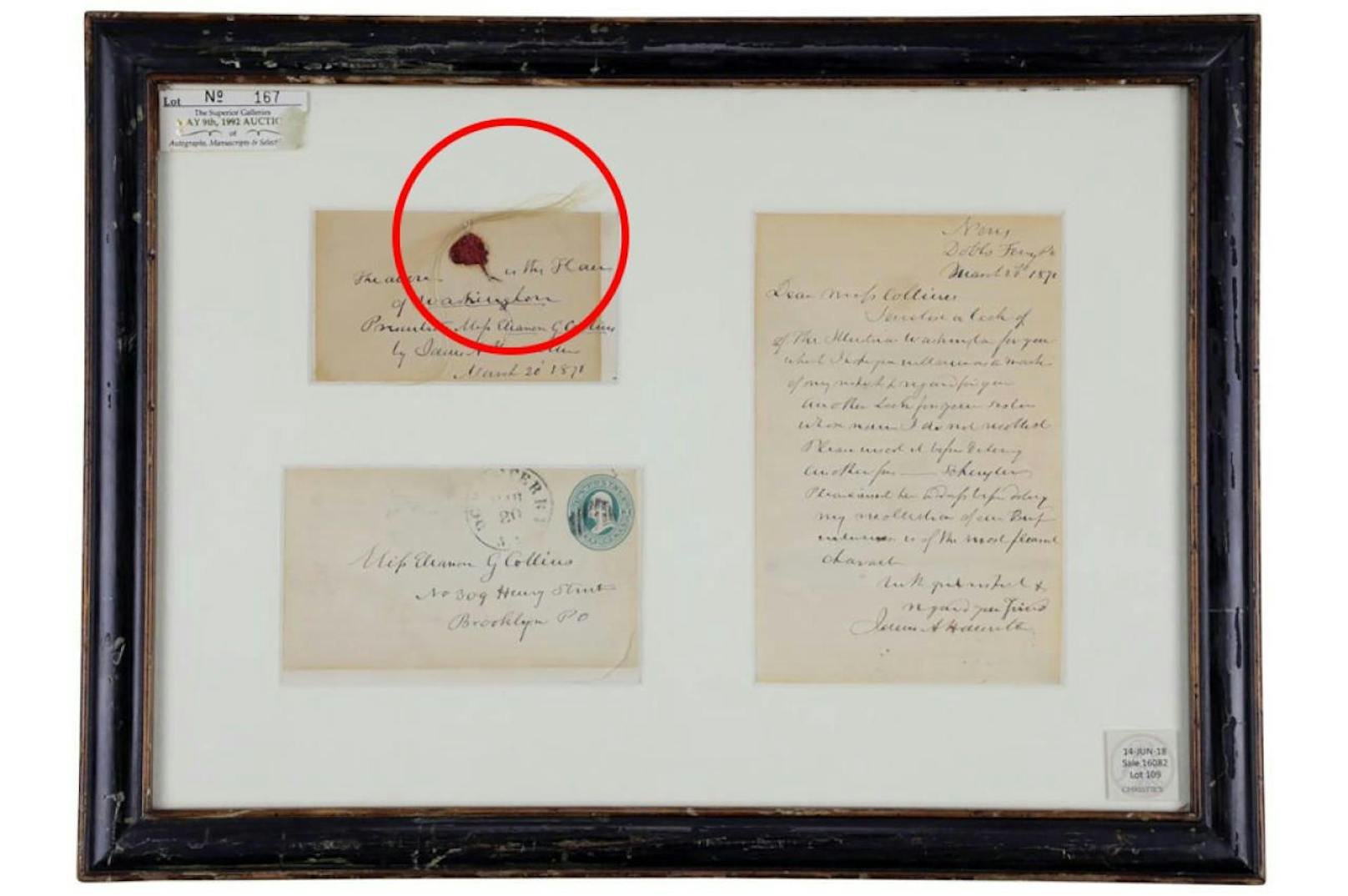 Bereits schön eingerahmt: Der Brief mit George Washingtons Locke