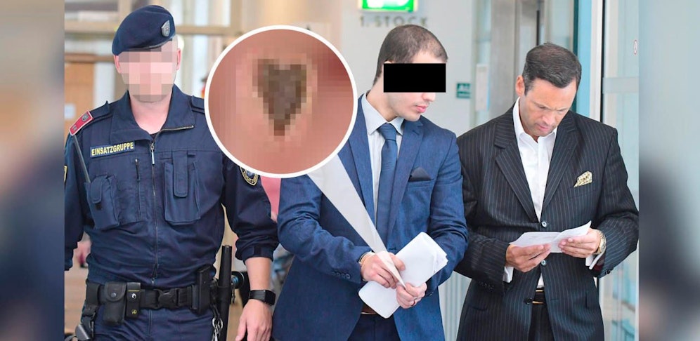 Der verdächtigte 30-Jährige wie er im Vorjahr, neben Anwalt Andreas Mauhart, in den Gerichtssaal geführt wurde. An der Hand sein auffälliges Herz-Tattoo