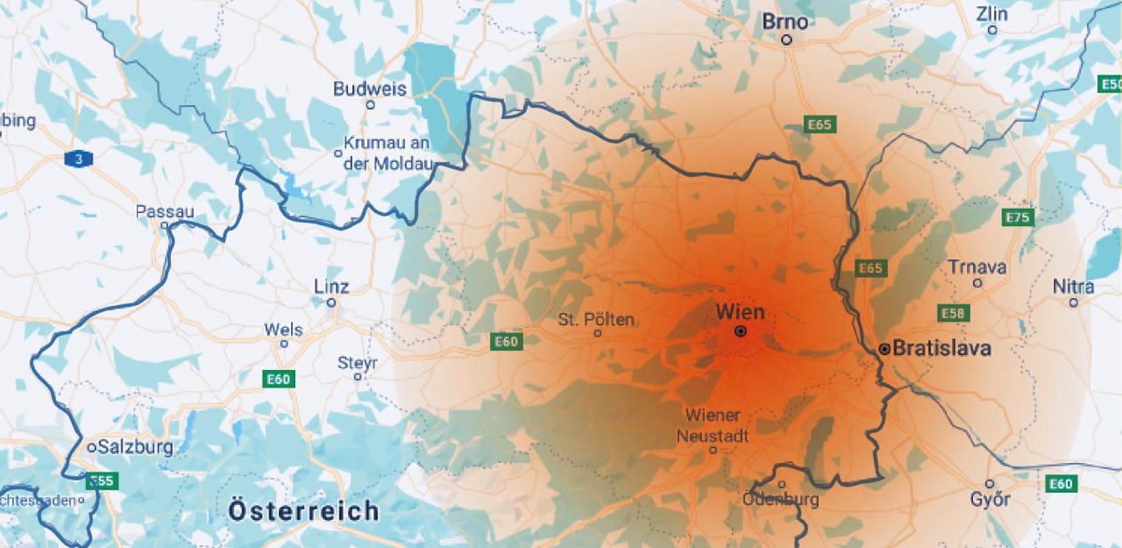Wie weit würden Wiener für ihren Traumjob fahren? Der rote Fleck in der Graifk markiert die Schmerzgrenze.